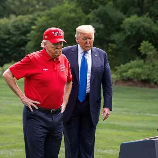 Prompt: Donald Trump bullying Joe Biden.  Trump wearing a red MAGA hat. 