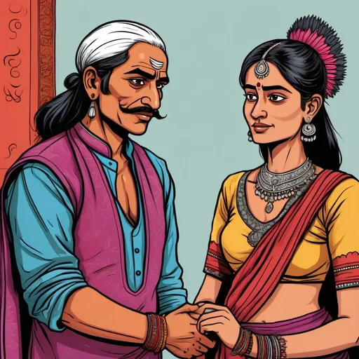 Prompt: Colourful line art of a Indian peon and clerk with client in the style of a comic.