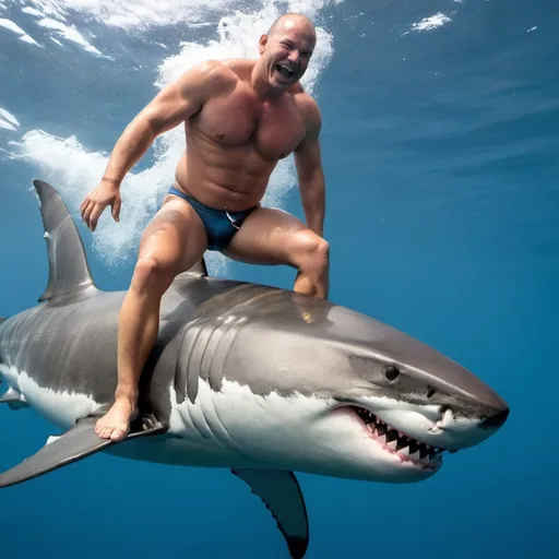 Prompt: a photo of a man riding on a great white shark in speedo