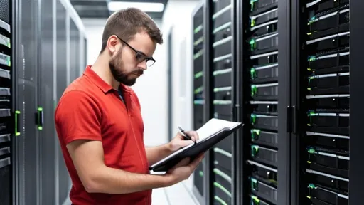 Prompt: create an image showing and IT guy in a datacenter checking the servers status and writing information on a black notepad.