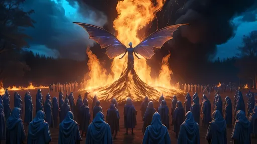 Prompt: Hundreds of small neon blue faeries, Large pyre burning, bonfire, Demonic themes, hundreds of disciples in robes, blue tones, blue lightning in sky, blue fire, highres, 4k, detailed