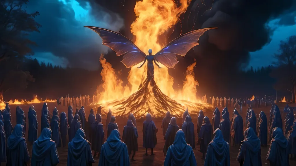 Prompt: Hundreds of small neon blue faeries, Large pyre burning, bonfire, Demonic themes, hundreds of disciples in robes, blue tones, blue lightning in sky, blue fire, highres, 4k, detailed