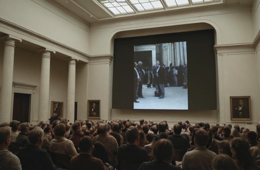 Prompt: a video being shown to an audience inside of a museum