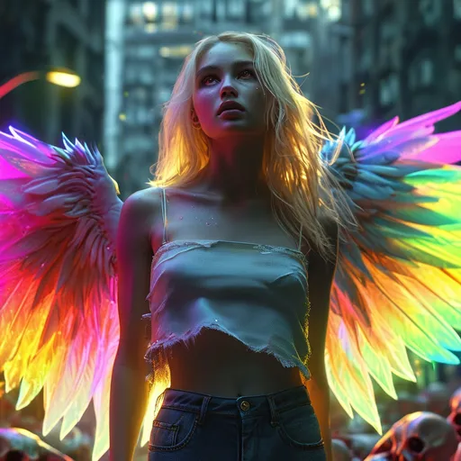 Prompt: (female angel with rainbow wings of sparkly dazzling light), (blonde hair), wearing jeans and a blouse, (dark demonic ghostly city background), (demons lurking behind), (urban fantasy setting), (dynamic light effects), hyper-realistic, photorealistic, ultra-detailed, high contrast, vibrant colors, captivating atmosphere, emphasize the clash between light and dark elements.