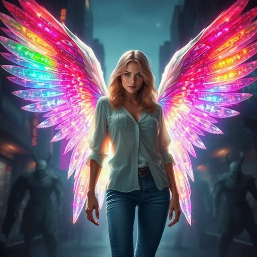 Prompt: (females angel with rainbow wings of sparkly dazzling light), (blonde hair), wearing jeans and a blouse, (dark demonic ghostly city background), (demons lurking behind), (urban fantasy setting), (dynamic light effects), hyper-realistic, photorealistic, ultra-detailed, high contrast, vibrant colors, captivating atmosphere, emphasize the clash between light and dark elements.