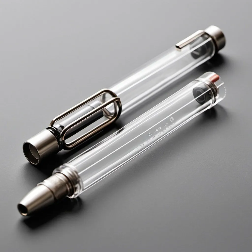 Prompt: Design a unique transparent and premium clutch pen with plastic and metal material ,sleek and geometric design inspired from industrial theme and dieter rams principal 