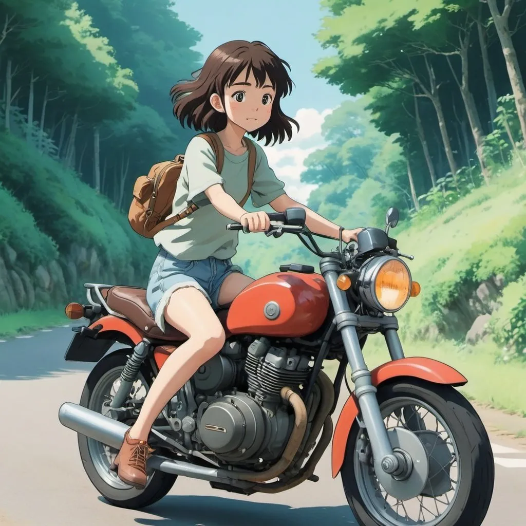 Prompt: 2d studio ghibli anime style, girl on motorcycle, anime scene