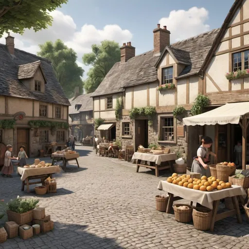Prompt: Generate an image of a quaint village square surrounded by rustic cottages and bustling market stalls. Include children playing in the cobblestone streets and villagers going about their daily routines.
