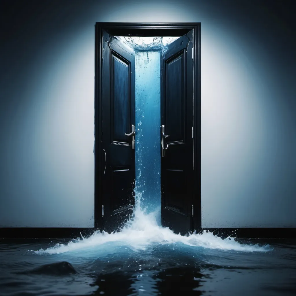 Prompt: Sad, black and blue tones, door opened with water rushing in, 4k