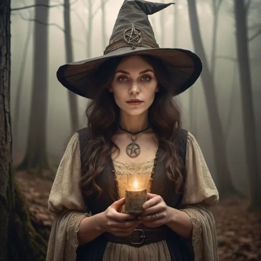 Prompt: Vintage witch in Appalachian mountains, aged parchment texture, 19th century attire, mystical aura, traditional folklore, deep woods setting, foggy atmosphere, vintage rendering, earthy tones, soft lighting, detailed facial features, mystical symbols, old world charm, aged aesthetic, vintage style, mystical, detailed clothing, atmospheric lighting