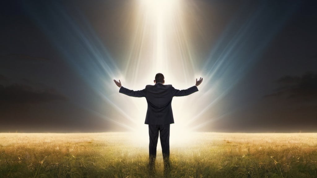 Prompt: A man in suit
 bowing to God in a lited and field with lights from God and facing the light and hands up to heaven

