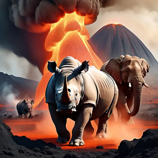 Prompt: A mighty rhino charging at an elephant in the middle of a volcanic landscape, lava flowing on both sides and smoke filling the air."
