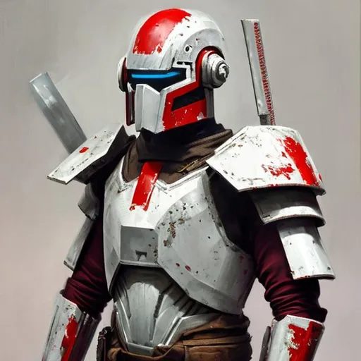 Prompt: Futuristic man with white armor, red helmet and and mask and katana realistic oil paint      