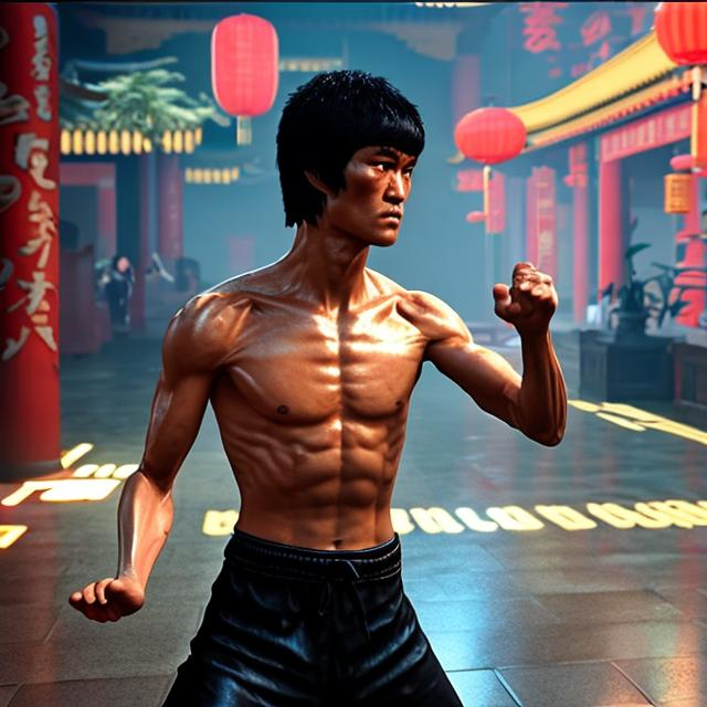 Prompt: Bruce Lee meditation in Chinese palace in cyberpunk 2077 