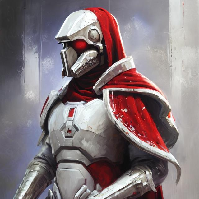 Prompt: Futuristic man with white armor, red helmet and and mask and cape realistic oil paint      