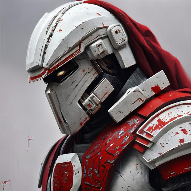 Prompt: Futuristic man with white armor, red helmet and and mask samurai realistic oil paint      