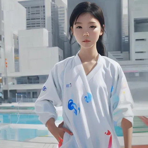 Prompt: Korean girl with white futuristic pool clothes hiper-realistic oil paint                  