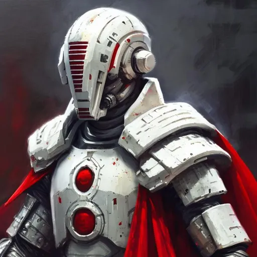 Prompt: Futuristic man with white armor, red helmet and and mask and cape realistic oil paint      