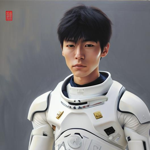 Prompt: Japanese young man with White futuristic suit realistic oil paint        