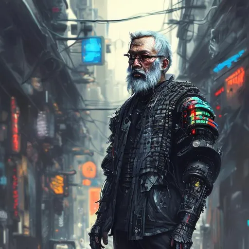 Prompt: Old man with beard black cyberpunk futuristic armor clothes hiper-realistic oil paint                           