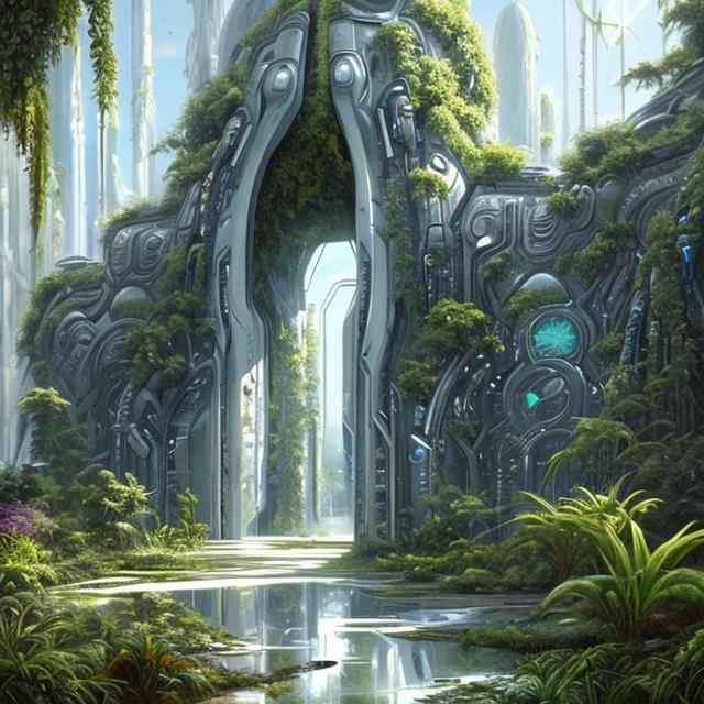 Prompt: White futuristic old giant futuristic wall in futuristic style with lot of plants hiper-realistic oil paint                  