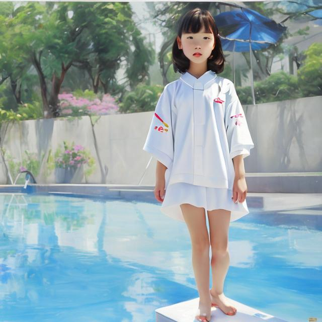 Prompt: Korean children girl with white futuristic pool clothes hiper-realistic oil paint                  