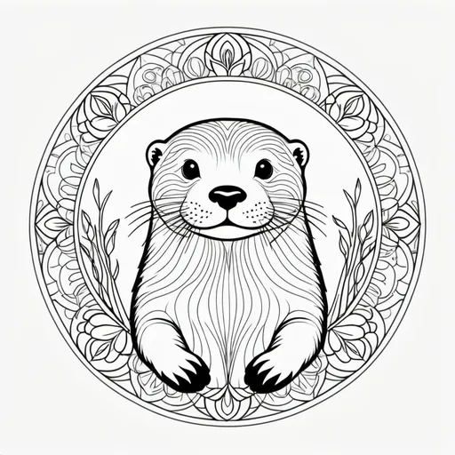 Prompt: otter in a river, white background with black outlines, simple mandalas, high quality