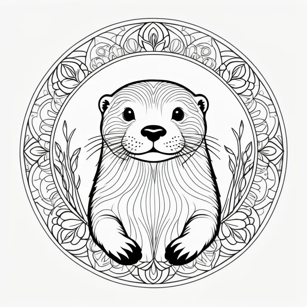 Prompt: otter in a river, white background with black outlines, simple mandalas, high quality