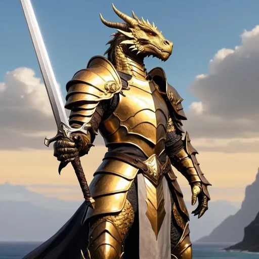 Prompt: a Golden Dragonborn Paladin of Bahamut proudly holding his sword on his shoulder while staring at the horizon