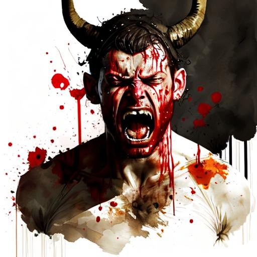 Prompt: A man screaming out in pain because horns are starting to grow from his head while trickles of blood fall out 