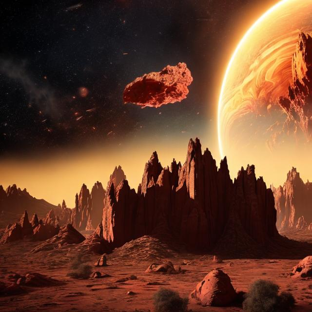 Prompt: A picture of an otherworldly house with red rocks and dust all around it, with planet earth in the sky behind it getting hit by an asteroid 