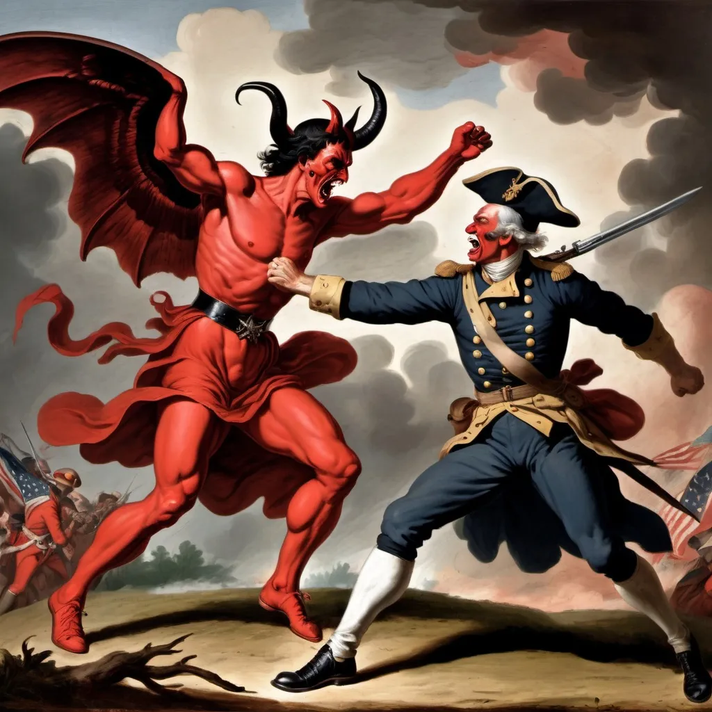 Prompt: Satan getting punched by a soldier from the American Revolutionary War 