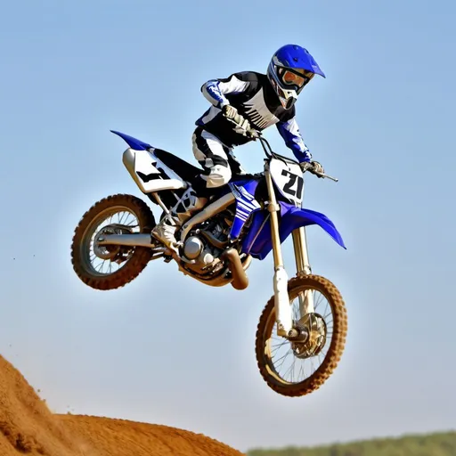 Prompt: Yamaha YZF 250 dirt bike mid-air jump, motocross, dirt tracks, high-speed action, extreme sports, high adrenaline, detailed bike design, professional racing gear, high quality, highres, action-packed, dynamic angles, vibrant colors, intense lighting