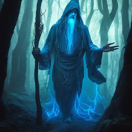 Prompt: Illustrate Pallando, the Blue Wizard, in a dense forest engulfed in heavy mist. Pallando is a mysterious figure, wearing flowing blue robes that trail along the ground. His presence is marked by a tall staff held firmly in one hand. The mist veils much of his form, creating an air of enigma. Subtle magical elements, like faint glows or wisps of energy, surround him. The forest, partially visible through the mist, adds to the atmosphere of secrecy and magic