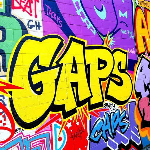 Prompt: Vibrant graffiti wall, with the text "GAPS", stylized tags, bold and colorful lettering, energetic atmosphere