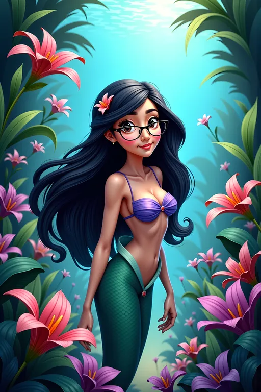 Prompt: (Baroque style) (Disney animation style), exuberant color scheme, vibrant hues, young mermaid wearing glasses, luscious dark hair, beauty mark on her right cheek, soft-spoken personality, whimsical features, serene tropical lagoon backdrop, framed by lush greenery & exotic colourful flowers, giant nepenthes, ethereal glowing motes, dreamlike atmosphere, enchanting light play, intricately detailed foliage, ultra-detailed imagery, cinematic quality, captivating and inviting scene.