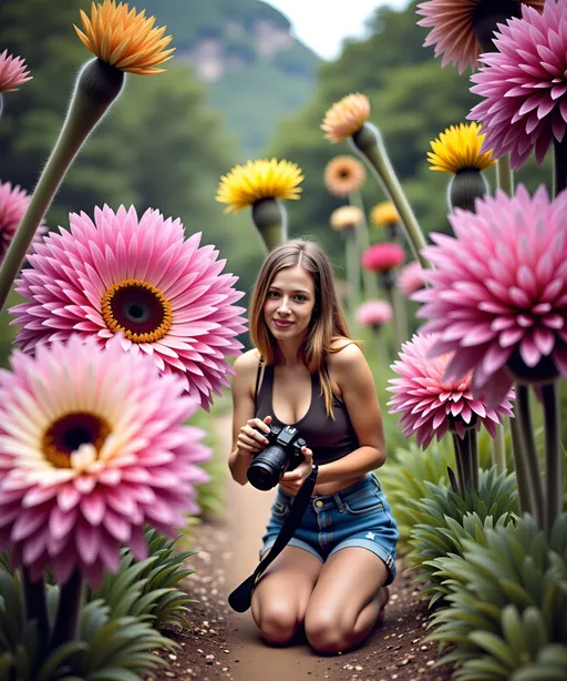 Prompt: (psychedelic art style), vibrant color scheme, sci-fi scene, photorealistic, alien ecosystem, ultra-detailed lush landscape, cute girl kneeling, holding a DSLR camera, wearing a crop top and shorts, examining large beautiful hanging flower, whimsical flora, ethereal atmosphere, vivid hues, captivating and otherworldly scenery, high-quality 4K image.