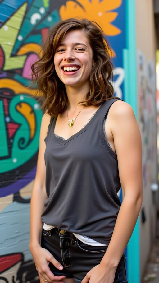 Prompt: (quirky young female subject), 20yo Aussie hippie girl, messy bob hairstyle, candid moments, vibrant urban setting, trendy inner Melbourne neighbourhood, street art backdrop, carefree expression, casual clothing, playful pose, natural lighting, colorful and energetic ambiance, high detail, photographic realism, modern urban style.