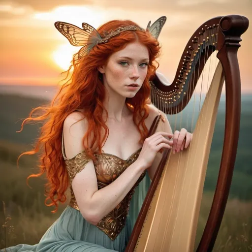 Prompt: art nouveau photo sunset of beautiful dangerous fairy queen with shoulder length red hair and freckles, playing harp
