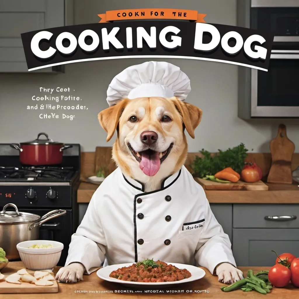 Prompt: Book cover for cooking for the dog, showing happy dog wearing white chief suit