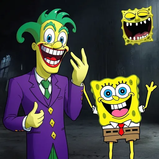 Prompt: Evil joker laughing with SpongeBob