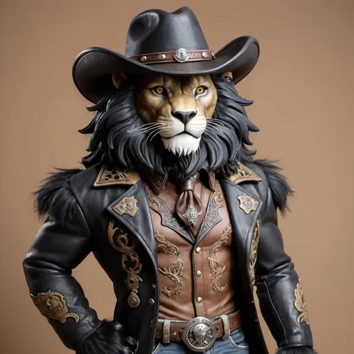 Prompt: anthropomorph black lion furry cowboy