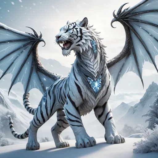 Prompt: A weretiger that looks like a snow tiger with dragon wings that is coated in frost and wind Magic with a human like body