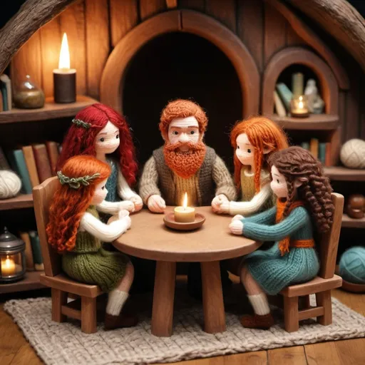 Prompt: (3D knitted image), father with (red beard) and (red straight hair), woman with (tan skin) and (dark curly hair), two girls with (tan skin) and (brown curly hair), cozy Hobbit theme, warm earthy colors, enchanting and whimsical ambiance, surrounded by Hobbit-style furniture and rustic details, soft textured yarn, ultra-detailed and vibrant, family bonding moment, surrounded by books and a whimsical setting.