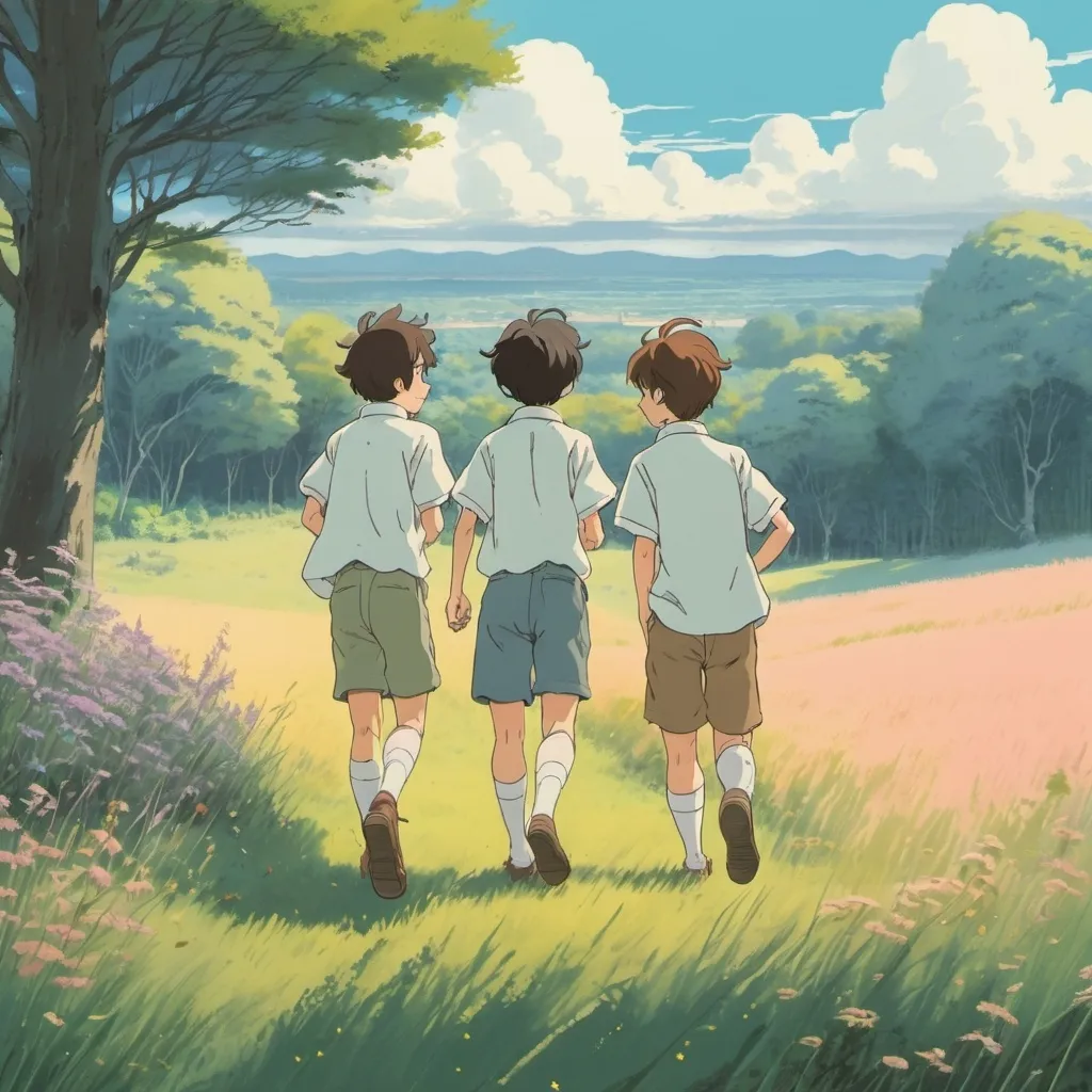 Prompt: 2d studio ghibli anime style, three high school boys　playing with each other. , with pastel color, In the meadow,retro