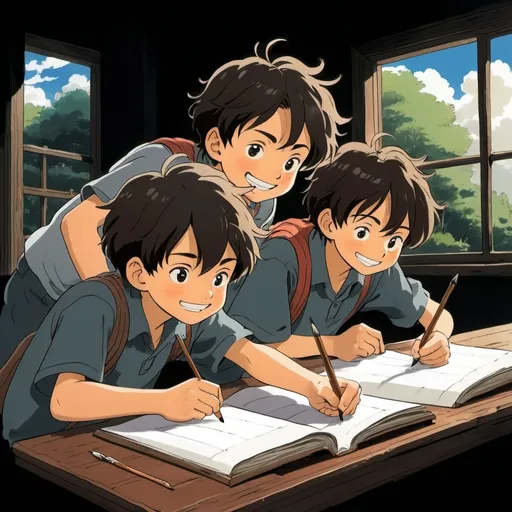 Prompt: 2d studio ghibli anime style, three boys drawing happily their dream on black borad, anime scene