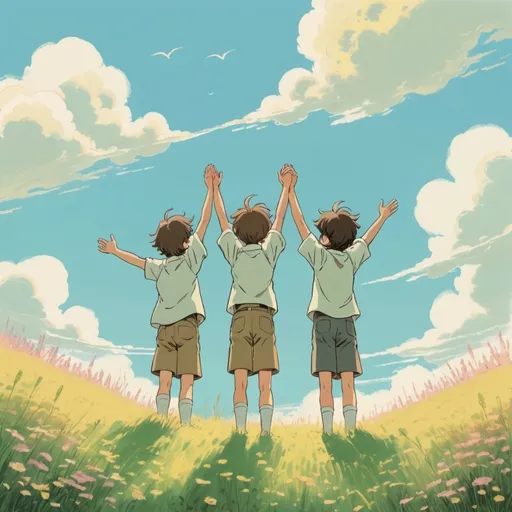 Prompt: 2d studio ghibli anime style, three boys with their backs to each other and right arms raised above their heads.,
with pastel color, In the meadow,retro