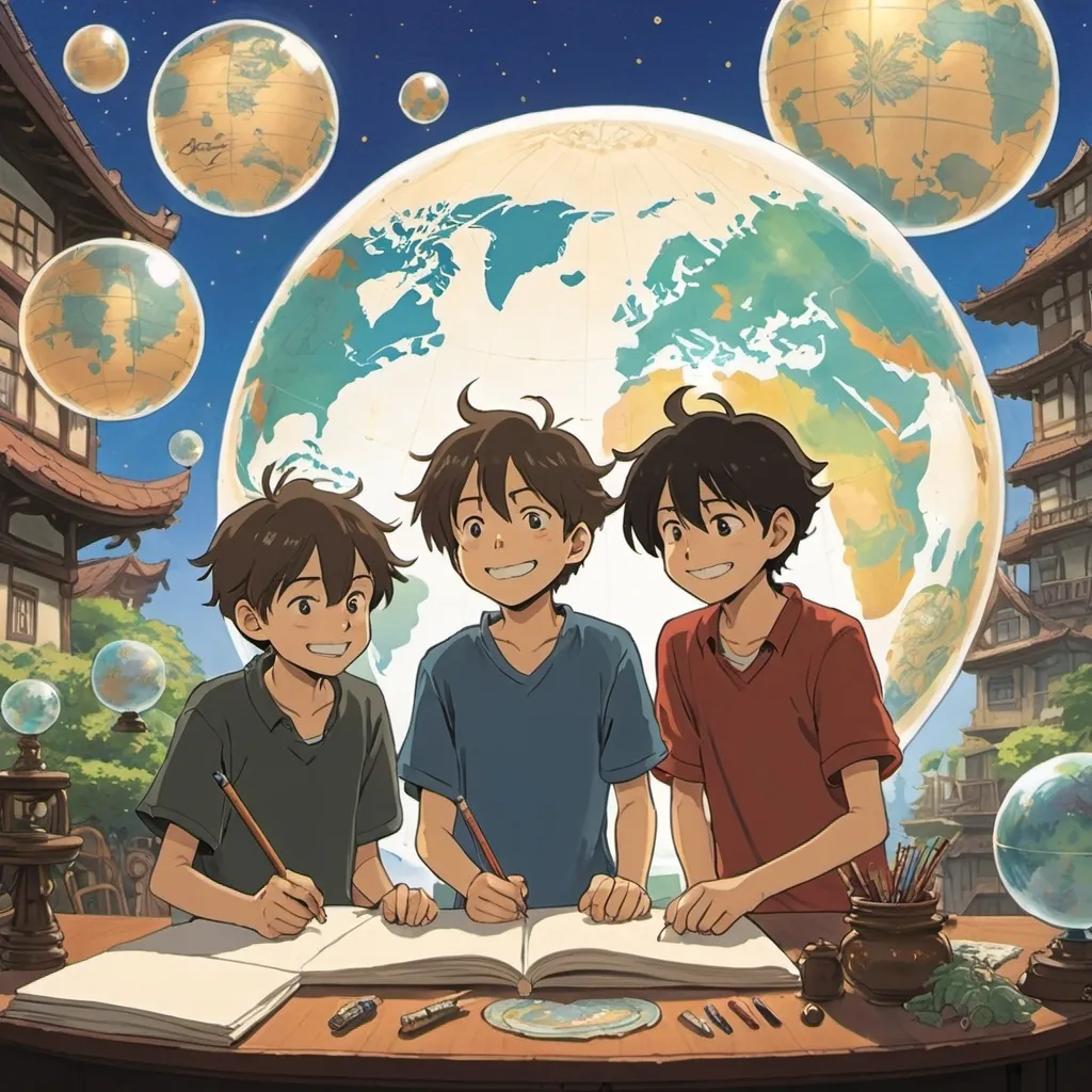 Prompt: 2d studio ghibli anime style, three boys drawing happily their dream.
Surrounded by globes