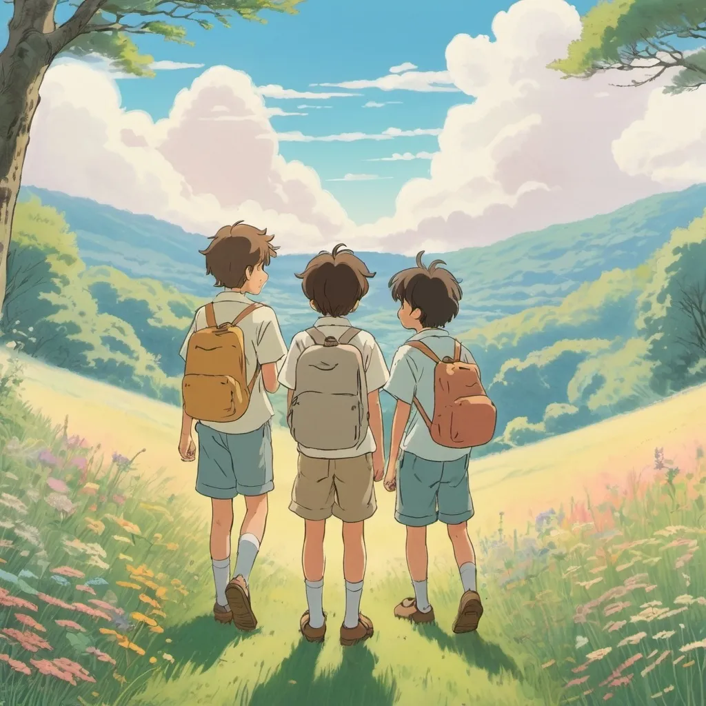 Prompt: 2d studio ghibli anime style, three boys drawing happily their dream,
with pastel color, In the meadow,retro