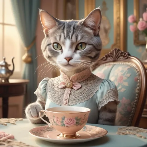 Prompt: (charming scene of a well-dressed female cat), elegant attire, intricate patterns on clothing, holding a delicate tea cup and saucer, soft pastel colors, warm light illuminating the scene, cozy ambiance, intricate background with vintage decor, (highly detailed), 4K resolution, inviting and whimsical atmosphere.